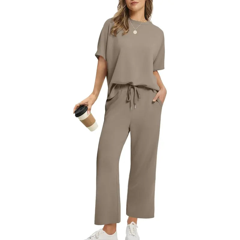 Two Piece Sets for Women Summer Outfits Oversized Wide Leg Crop Pants Lounge Sets Airport Beach Vacation Clothes