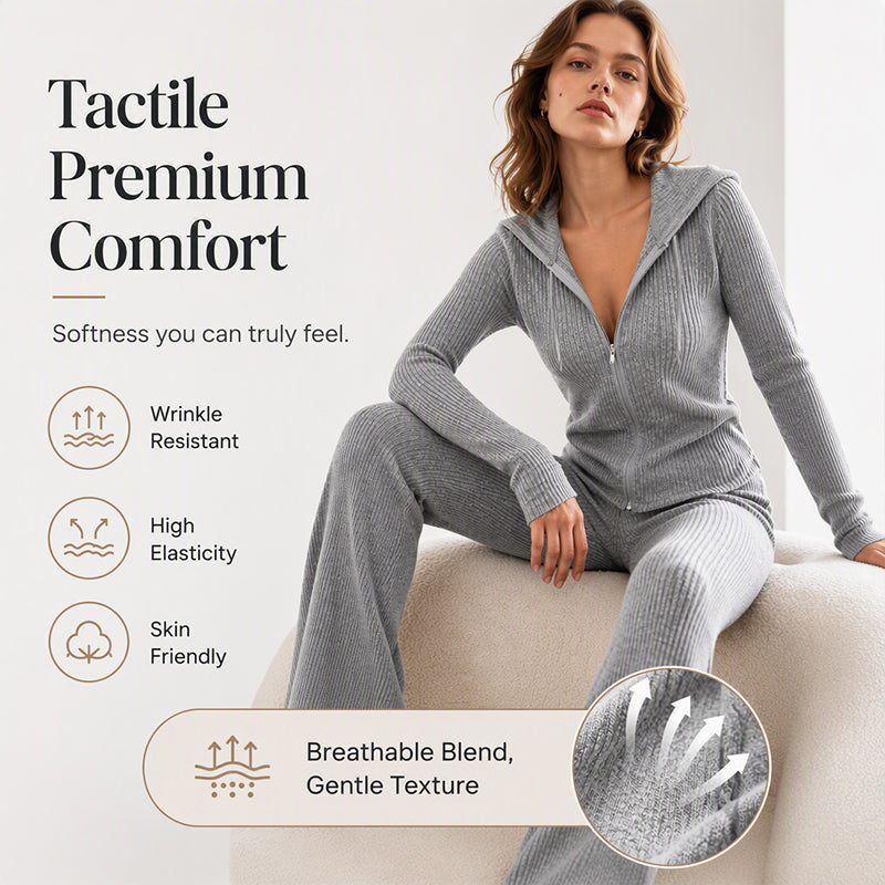 Women's Ribbed Hooded Zip-Up Jacket Flare Pants Set
