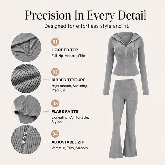 Women's Ribbed Hooded Zip-Up Jacket Flare Pants Set