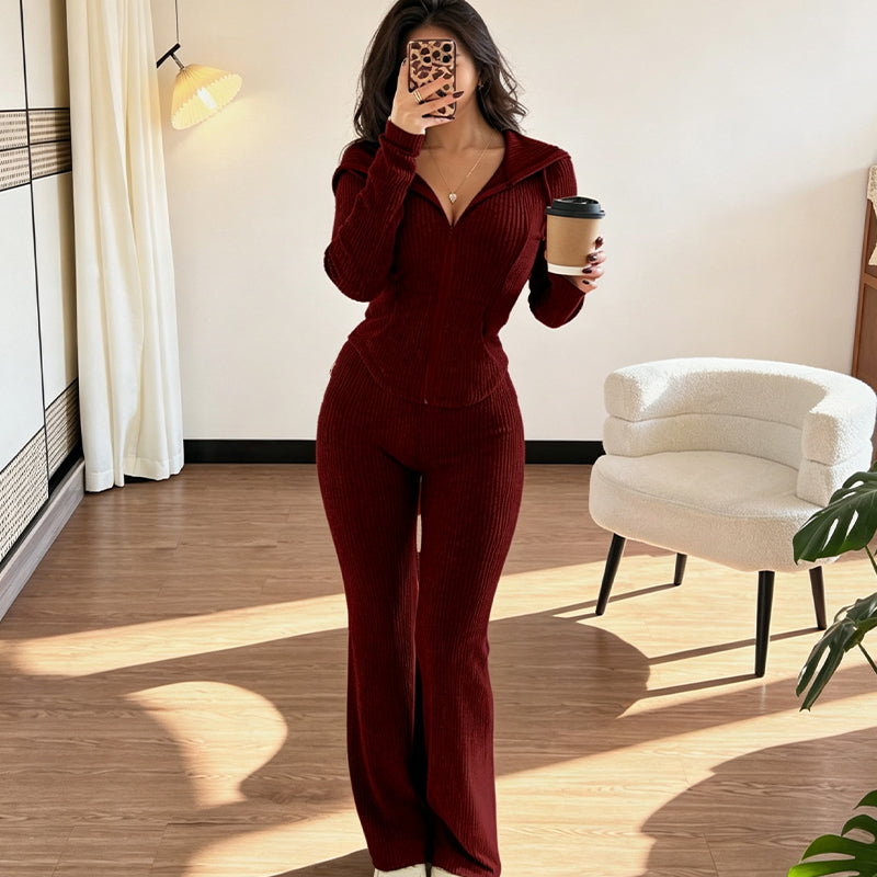 Women's Ribbed Hooded Zip-Up Jacket Flare Pants Set
